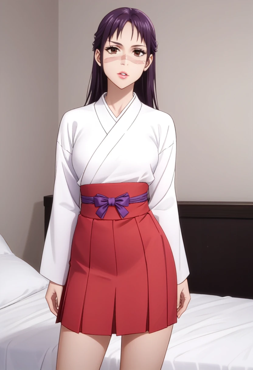 score_9_up, score_8_up, score_7_up, 1girl, solo, mature female, ((Utahime)), (((long  purple tied hair))), brown eyes, pink lips, parted lips, scar on face, fit slim body, ((perfect medium erected breast)), (((white tight kimono with long red skirt))), bedroom, perfect model body, looking at the viewer, standing in seductive pose