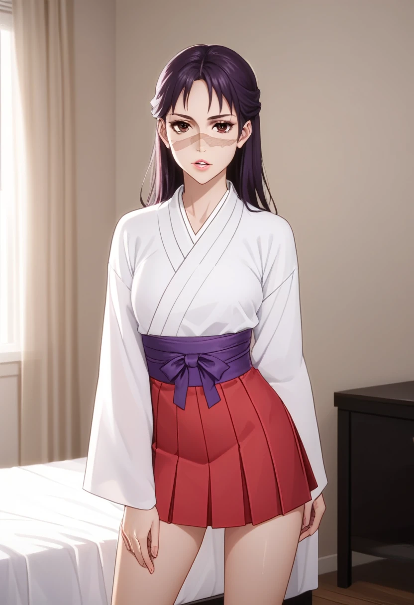 score_9_up, score_8_up, score_7_up, 1girl, solo, mature female, ((Utahime)), (((long  purple tied hair))), brown eyes, pink lips, parted lips, scar on face, fit slim body, ((perfect medium erected breast)), (((white tight kimono with long red skirt))), bedroom, perfect model body, looking at the viewer, standing in seductive pose