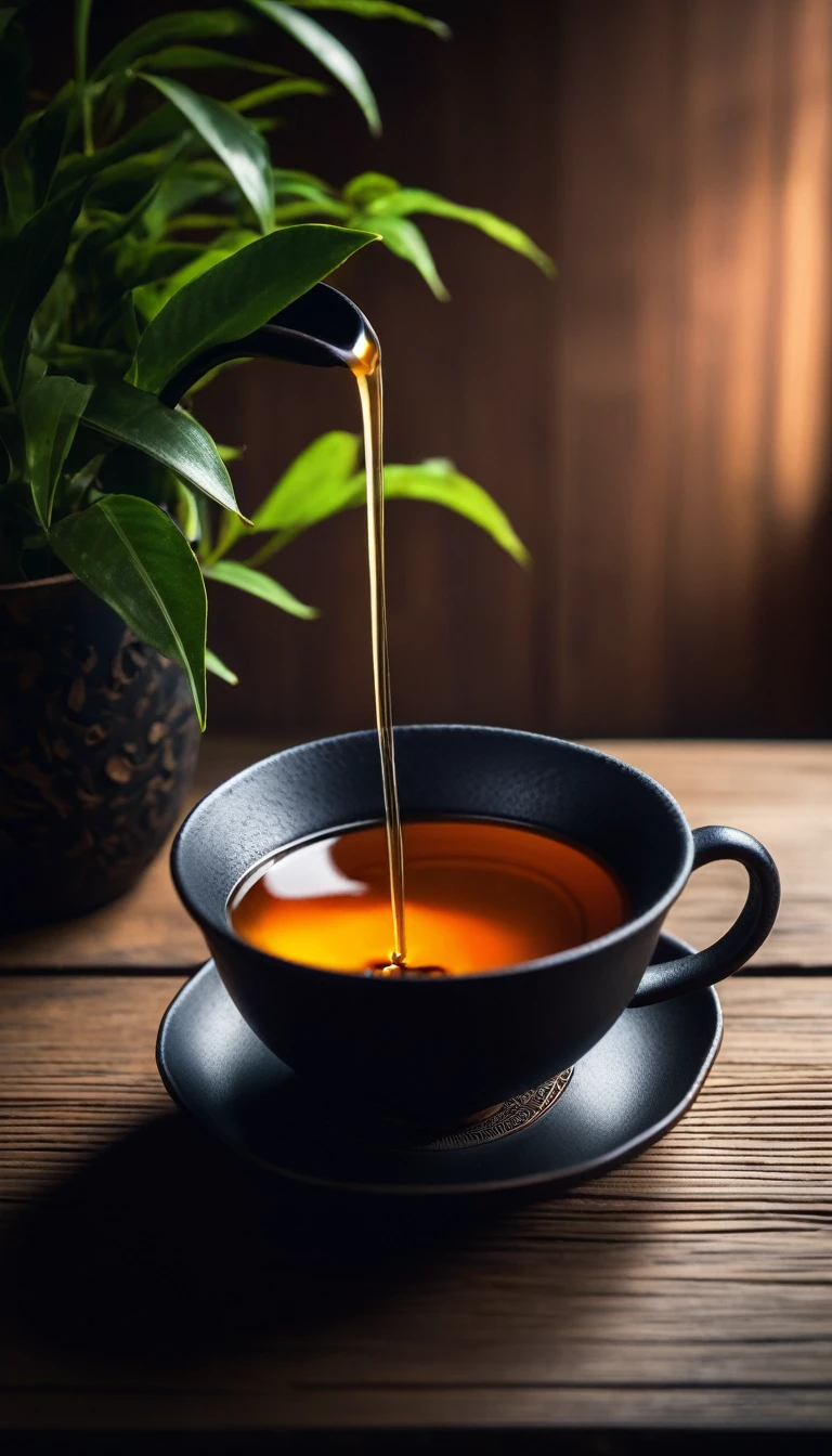 Close-up of tea from black iron pot poured into tea cup,Dark wooden table background.The album cover was inspired by Sesshū Tōyō, shutter, Creation and Production, daoshu, ((Have a cup of tea)), qiangshu, Tea ceremony scene cinematic lighting, from above, uhd, accurate, super detail, best quality(Super quality,Super detailed,Ultra-complex,Extremely complex)Soft and natural light and shadow.Reverse fragrance.no humans.Ultra wide angle, (Detailed texture),Background covered with film grain, natural soft light,(Morning Scene.warm sunshine in the morning)Ray tracing, Vignette, Wide-angle lens, Ultra wide angle, Best quality cinematic lighting, Depth of Field, outer boundary, Negative space, Letterbox header image