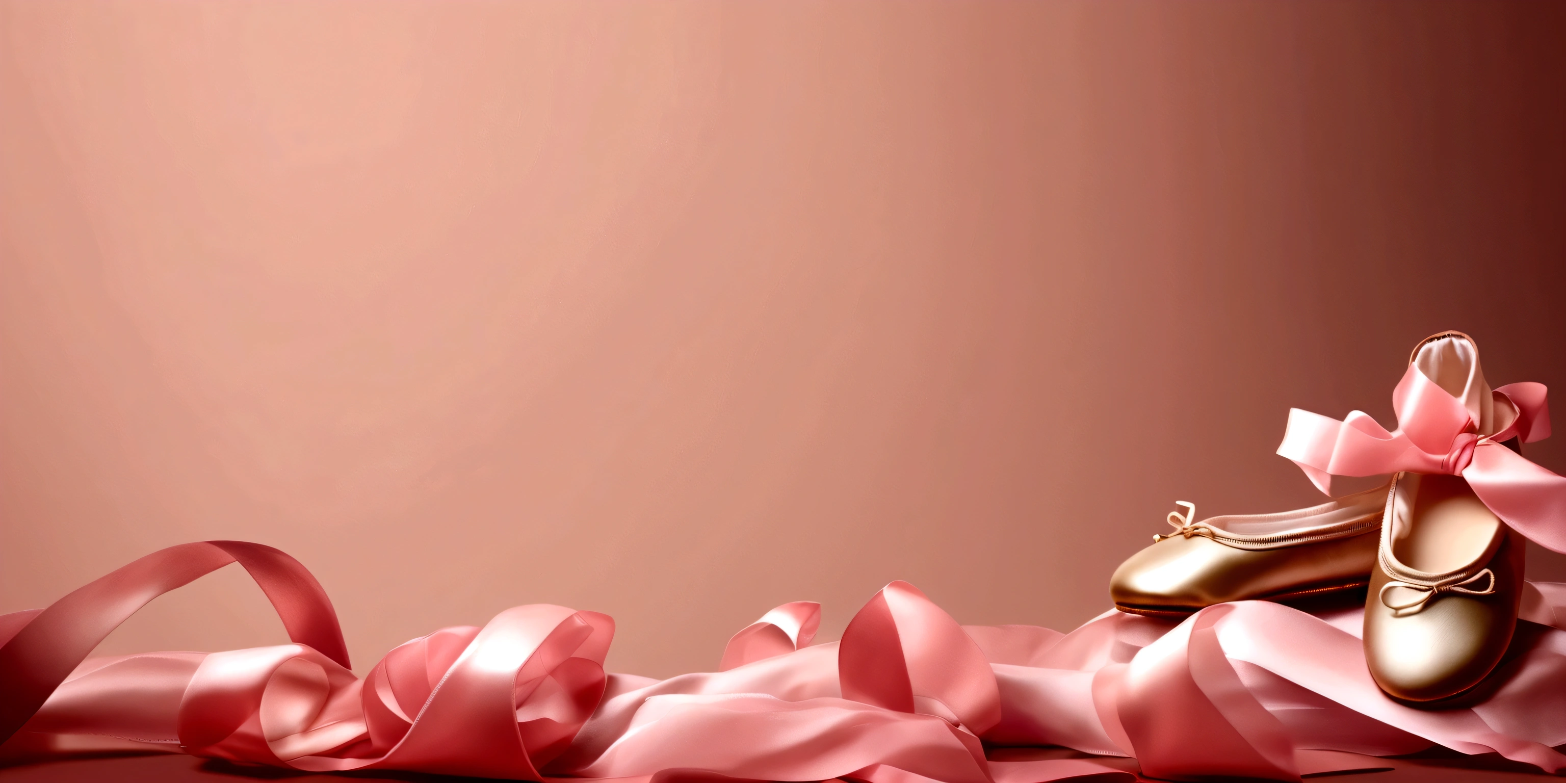 Banner graph;poster;There is a pair of small ballet shoes in the corner of the picture,Wrapped in a pink ribbon;Ribbons fill the screen;dream,mystery;Big scene;Golden pink hue。Low saturation;Background pure,Simplicity。Large blank space in the center。Flat background;