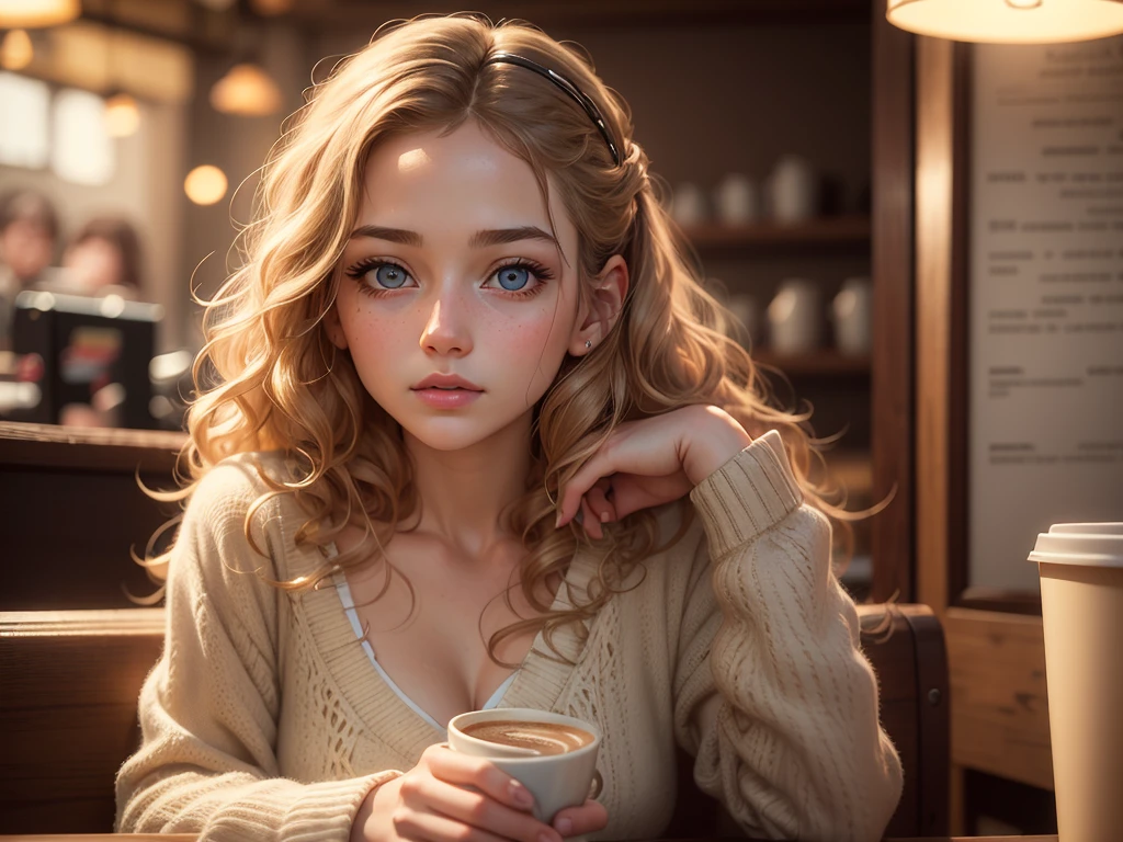 A girl in a coffee shop, listening to music, cozy lofi atmosphere, beautiful detailed eyes, beautiful detailed lips, extremely detailed face and features, porcelain skin, wavy hair, intricate details, warm lighting, cinematic composition, soft focus, film grain, photorealistic, highly detailed, masterpiece