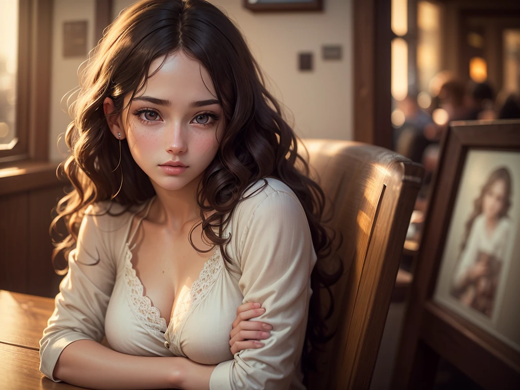 A girl in a coffee shop, listening to music, cozy lofi atmosphere, beautiful detailed eyes, beautiful detailed lips, extremely detailed face and features, porcelain skin, wavy hair, intricate details, warm lighting, cinematic composition, soft focus, film grain, photorealistic, highly detailed, masterpiece