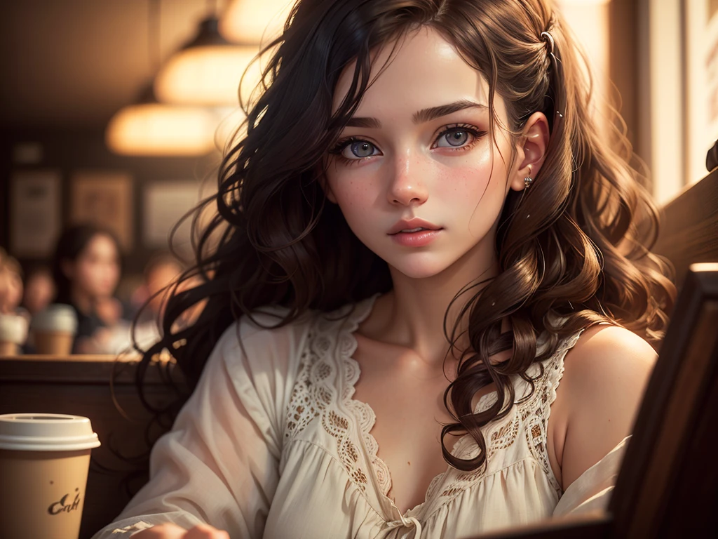 A girl in a coffee shop, listening to music, cozy lofi atmosphere, beautiful detailed eyes, beautiful detailed lips, extremely detailed face and features, porcelain skin, wavy hair, intricate details, warm lighting, cinematic composition, soft focus, film grain, photorealistic, highly detailed, masterpiece