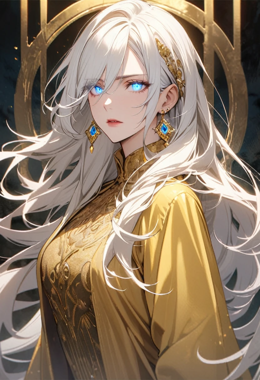 woman, blue eyes, long hair, white hair, mature, god eyes, diamond earings, gentle, golden shirt, glowing eyes, god