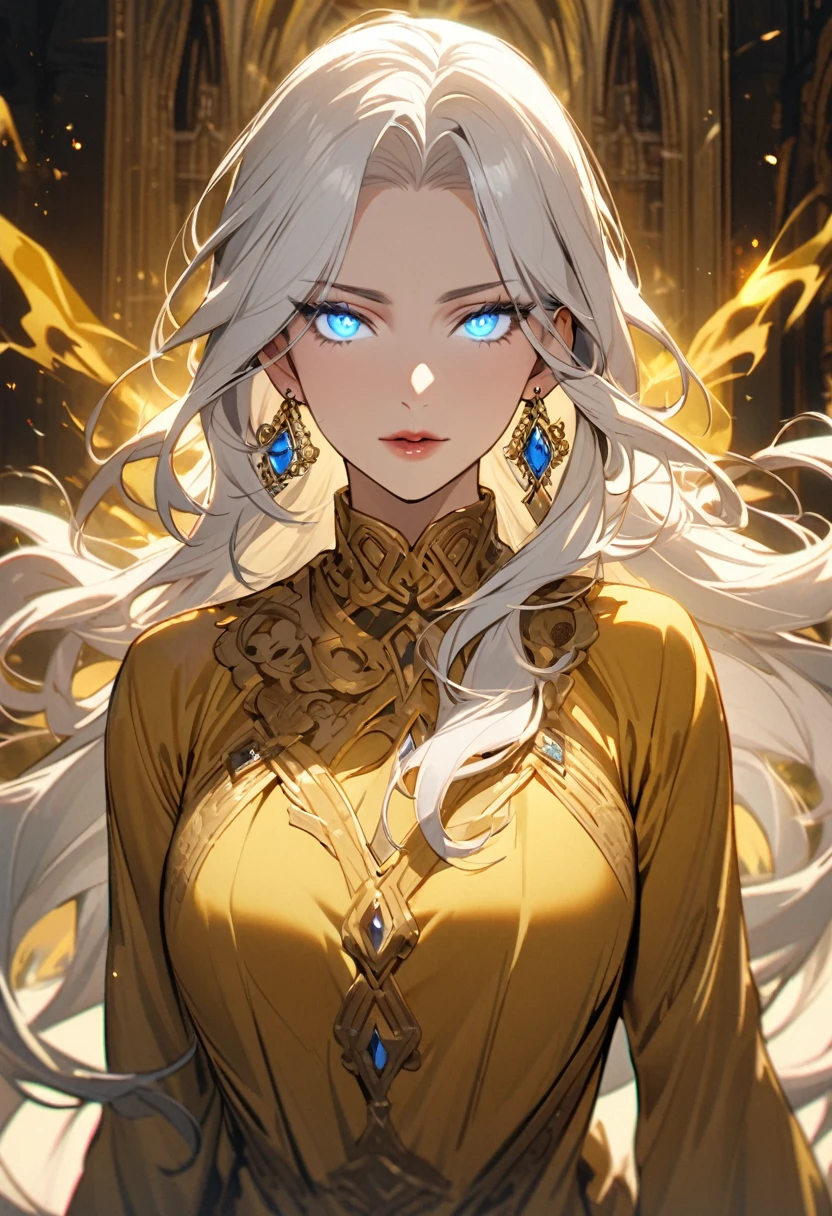 woman, blue eyes, long hair, white hair, mature, god eyes, diamond earings, gentle, golden shirt, glowing eyes, god