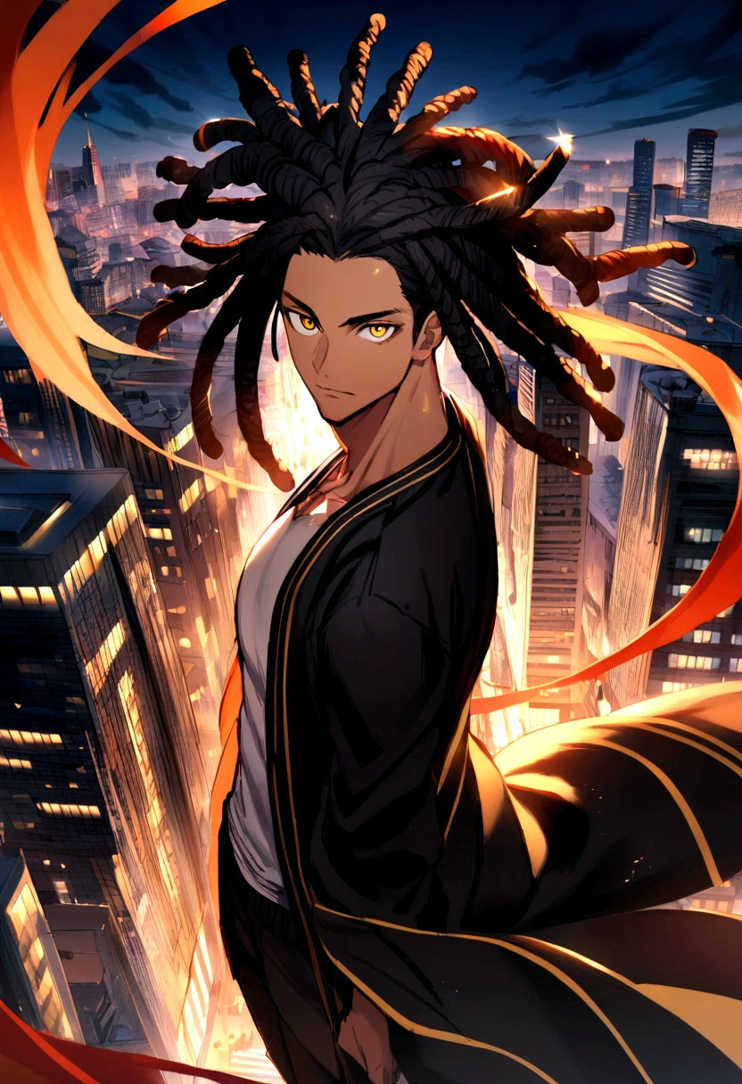 1man, long black hair with dreadlocks, golden eyes, wearing black haori, athletic built, city, looking at viewer