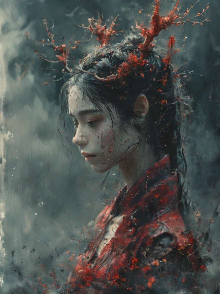 a broken feminine humanoid robot,At night, a light shone on her, dented, scratched, flaking peeling paint, in a abandoned interior room, mossy and fungus, once pretty,An artistic photograph,full body,(Remote shooting:1.4),closeup 50mm f/1.3,bailong plant girl, girl made of dead plants,a girl made of red plants,forest,plant,antlers