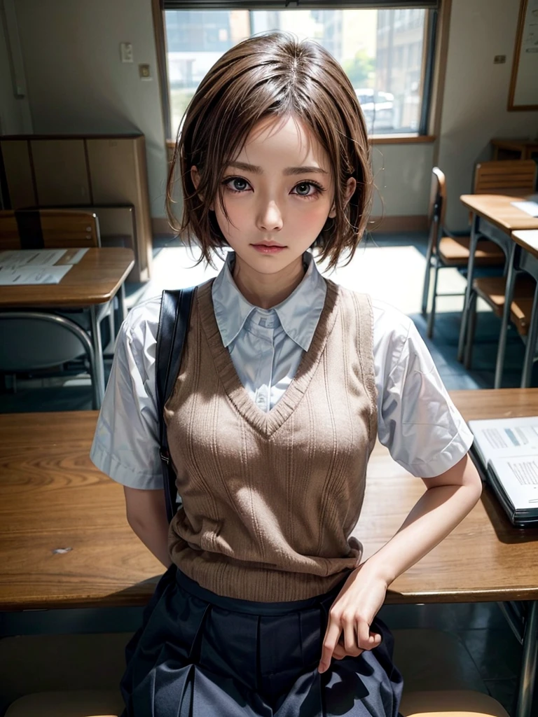 Masterpiece, Top Quality, Top Mikoto, brown eyes, short hair, small breasts, looking at viewer, alone, closed mouth, collared shirt, beige knit vest, dark blue  Skirt, school_uniform, shirt, white_shirt, classroom,Masterpiece, highest quality, 8K, detailed skin texture, fine cloth texture, beautiful detailed face, intricate details, super detailed,cute,cute posing,composition that shows the whole body,