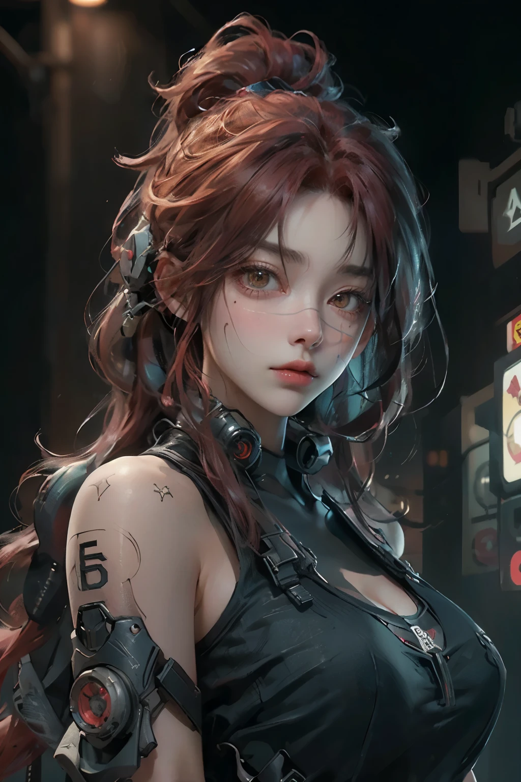 ((best quality)), ((Masterpiece)), (details:1.4), 3d, Image of a beautiful cyberpunk woman., HDR (high dynamic range), long hair, red hair, future police, PBR surface,After processing,Anisotropic filtration,depth of field, Maximum clarity and clarity, multi-layered surface, perfect proportions, 8K raw files, future world, at night, Scars on the face,