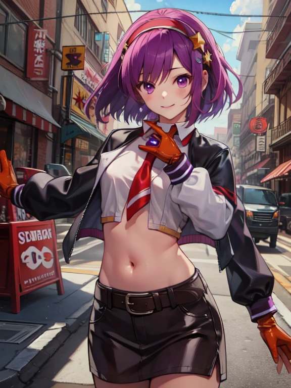 (Masterpiece, Best Quality:1.2), intricate details, athena asamiya, 1 girl, purple hair, Bermuda, belly button, hair band, purple eyes, Gloves without fingers, short hair, short jacket, Short shirt, belt, star hair ornament, long sleeves