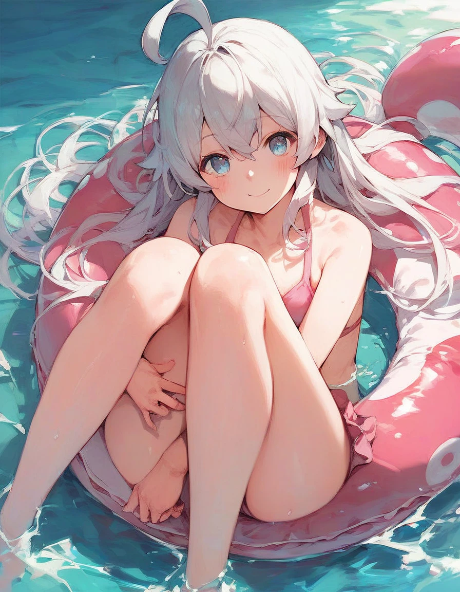 score_9, score_8_up, score_7_up, 1girl, solo,  elaina, majo no tabitabi, white hair, long hair,  ahoge, blue eyes,  looking at viewer,  pink bikini, blush, smile, bare arms, blush, knees up, innertube, on innertube, ocean, water, day