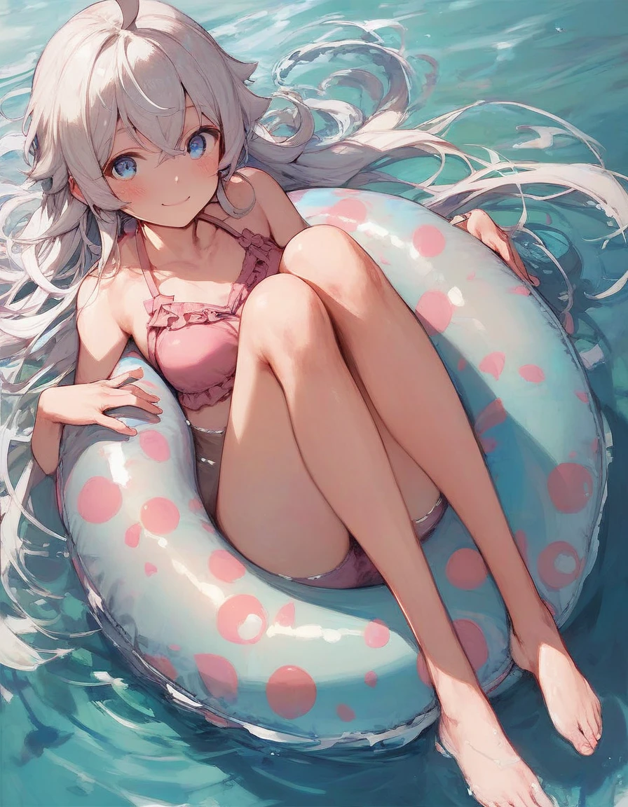 score_9, score_8_up, score_7_up, 1girl, solo,  elaina, majo no tabitabi, white hair, long hair,  ahoge, blue eyes,  looking at viewer,  pink bikini, blush, smile, bare arms, blush, knees up, innertube, on innertube, ocean, water, day