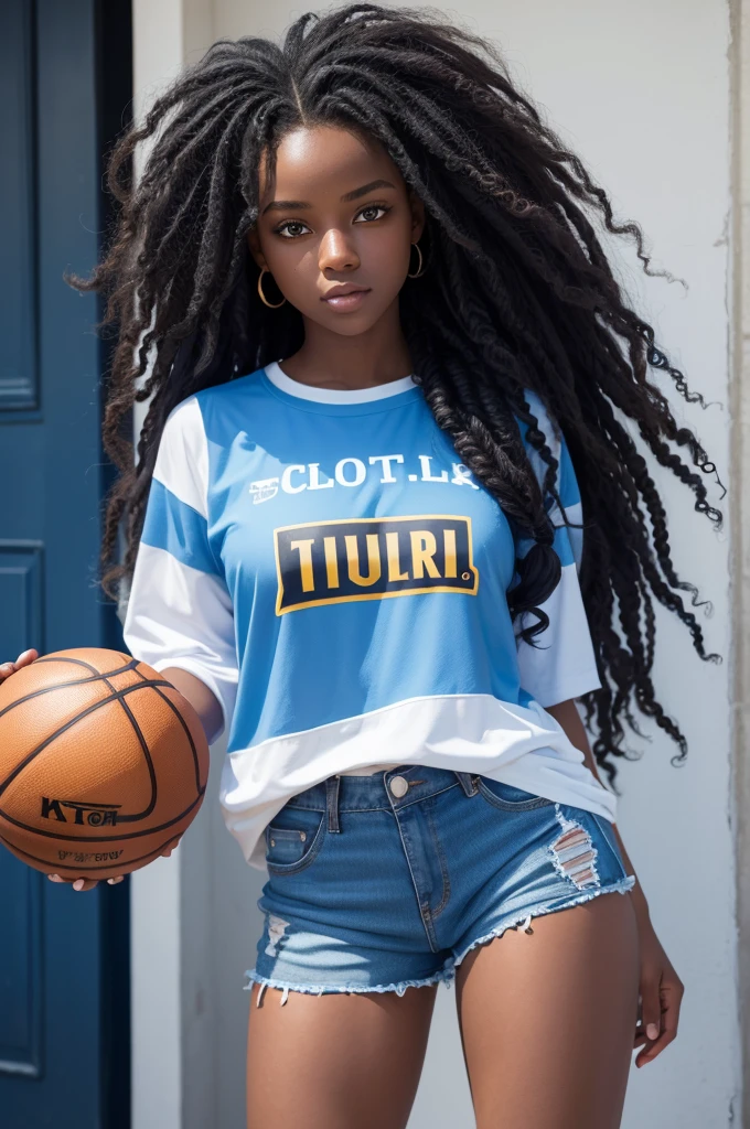 a beautiful girl, darkskin, long and curly hair, blue colored eyes, Bullish, dressed in blue shorts and a basketball shirt