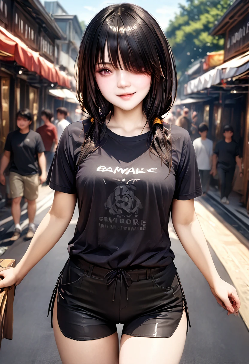 ultra-detailed,highly detailed,best quality,masterpiece,illustration,realistic, photo,photorealistic,
1girl, ((tokisaki kurumi)), cosplay, hair over one eye, (right red eye, left yellow eye), looking at viewer, happy girl, low twintails, ((t-shirts)), (((black hotpants))), hair rings, loafers,
(Outdoors) , walking, beach
