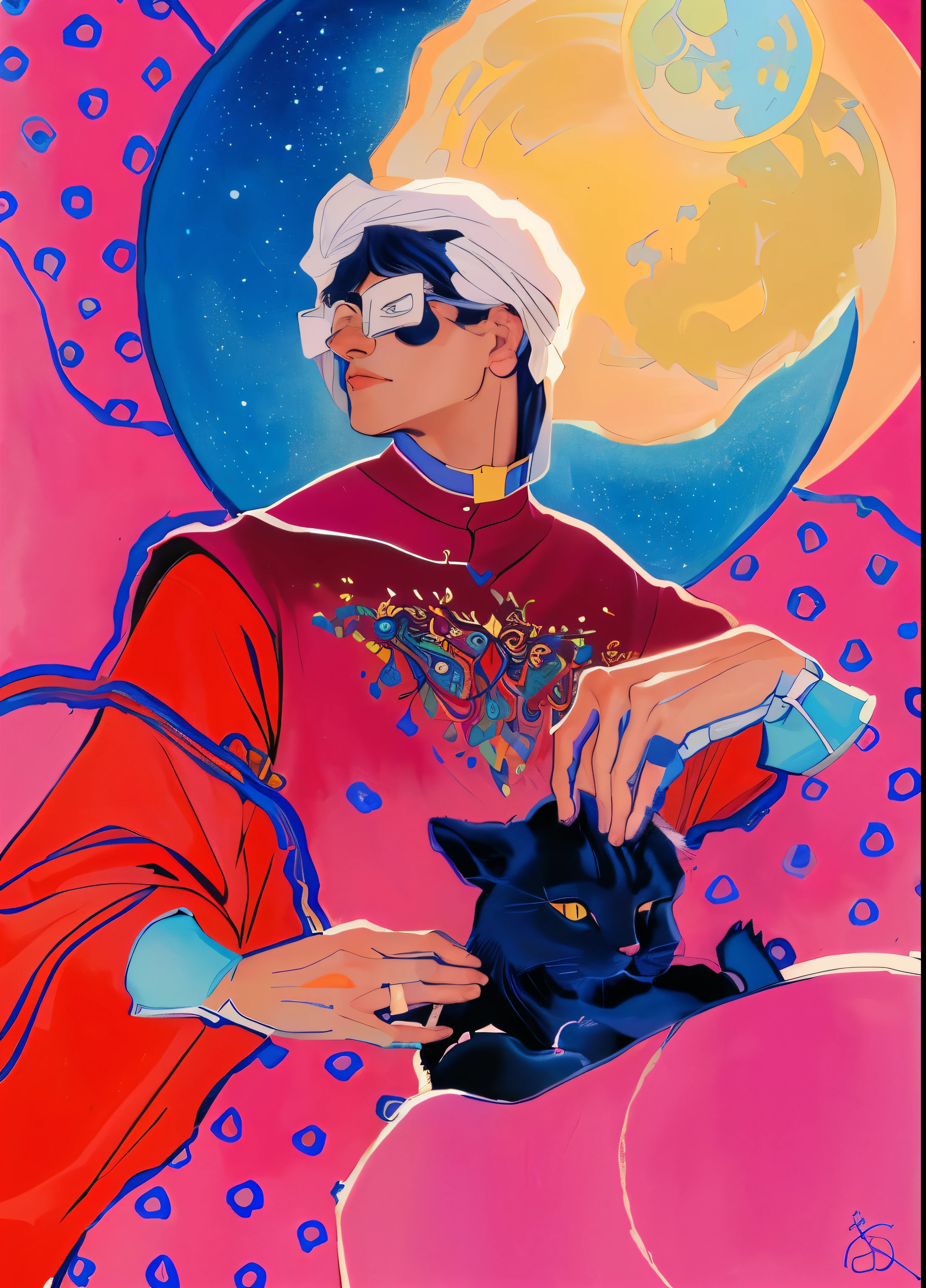 painting of a man with a cat and a moon, by Jessie Alexandra Dick, by Pál Balkay, by Silvia Pelissero, inspired by Victor Moscoso, by Barbara Balmer, by Zoran Mušič, by Kaja Foglio, by Zofia Stryjenska, by Alen Divis