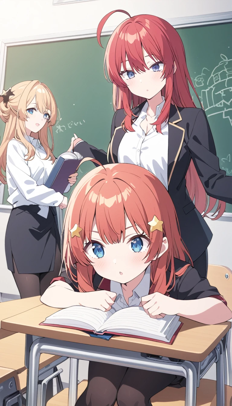 Satsuki Nakano, Itsuki Nakano, bangs, blue eyes, hair between eyes, Ahoge, redhead, Star \(symbol\), hair ornaments, Star hair ornaments,OL, red glasses, fund, black suit jacket, collared jacket, white dress shirt, collared shirt, neckline, button, black pencil skirt, black pantyhose,classroom,blackboard ,Standing in front of a blackboard holding a textbook,mouth open,serious,A student is sitting at a desk and studying,highest quality, High resolution, unity 8k wallpaper, (figure:0.8), (beautiful and fine eyes:1.6), highly detailed face, perfect lighting, Highly detailed CG, (perfect hands, perfect anatomy),