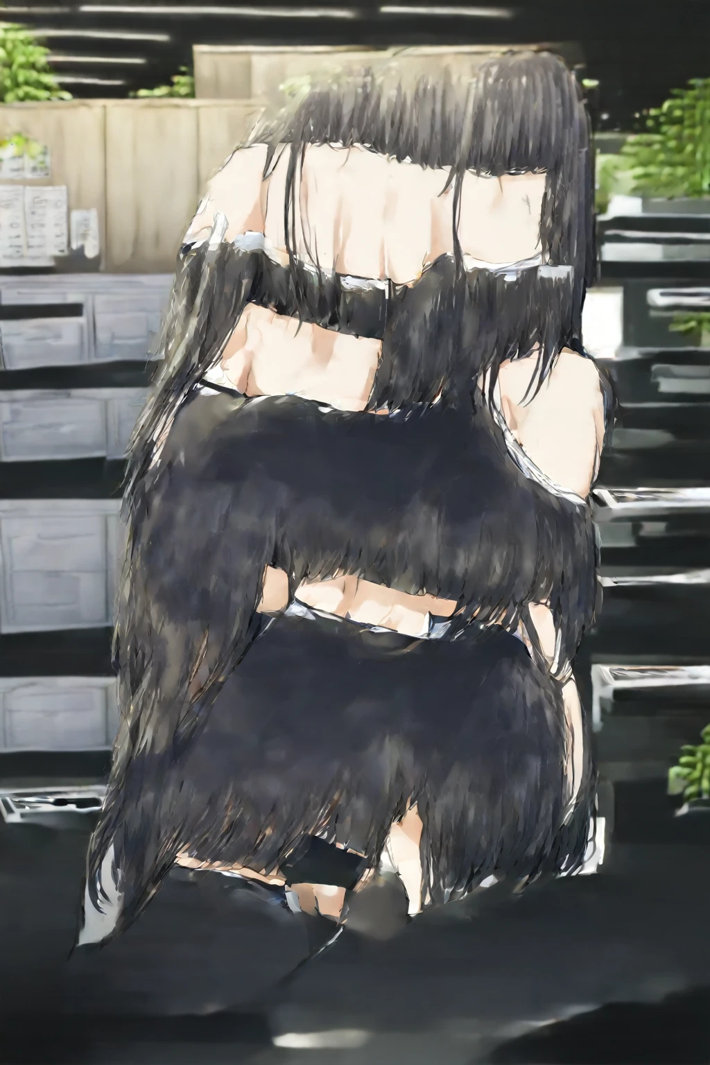 black hair, female, fox ears, twin drills, solo, smol, pink eyes, massive breasts, very long hair, wear open cut black tight tank top and pink leggings, masterpiece, ultra high quality