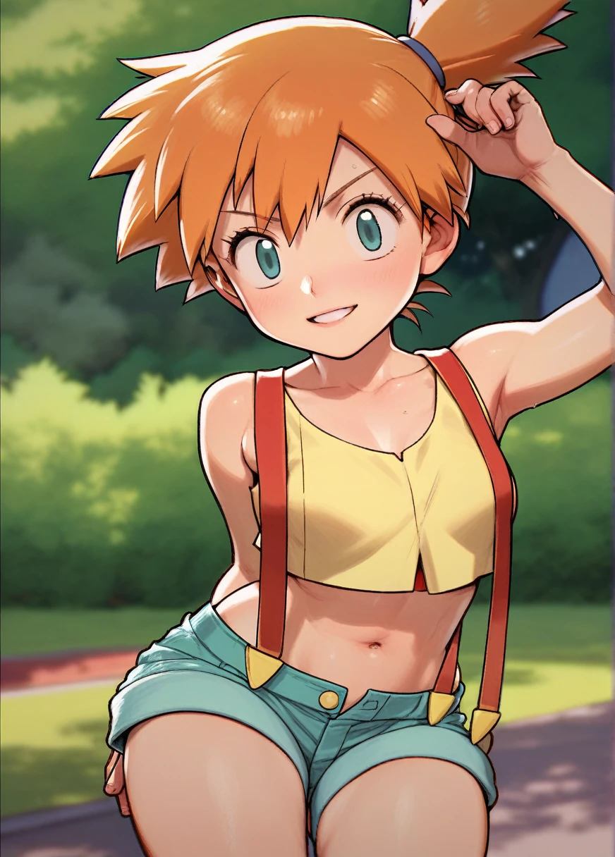 score_9, score_8_up, score_7_up, score_6_up, rustle_style BREAK
1girl, solo,  misty_\(pokemon\), yellow cropped top, navel, suspenders
