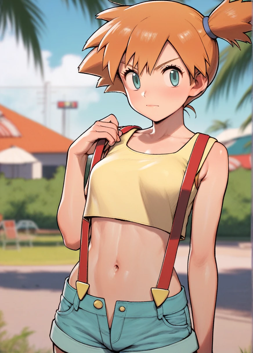 score_9, score_8_up, score_7_up, score_6_up, rustle_style BREAK
1girl, solo,  misty_\(pokemon\), yellow cropped top, navel, suspenders
