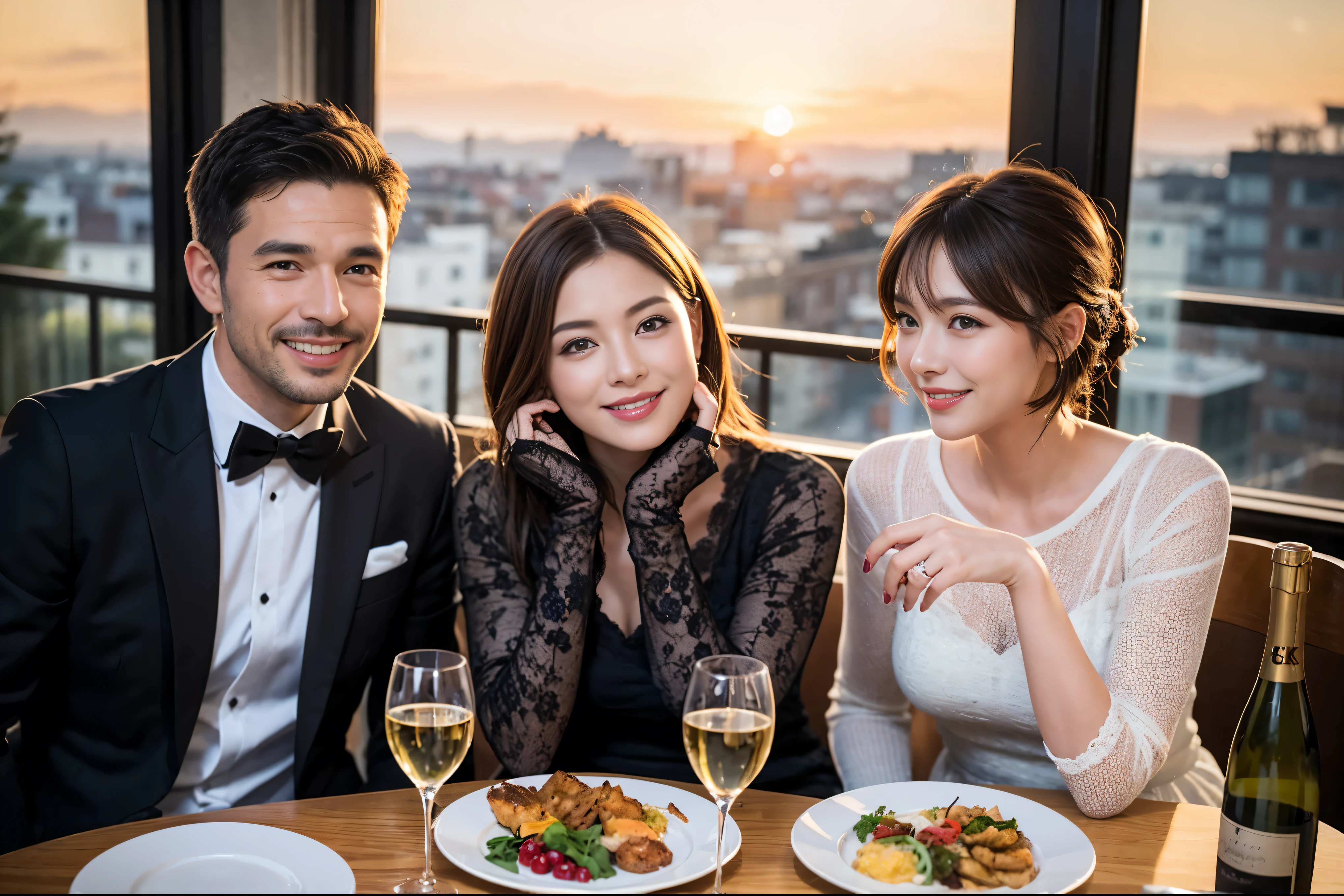 ((highest quality、8k、masterpiece:1.3))、 (Genuineistic, Genuine、Bright image、Intricate details:1.2), Best smile 1 man 1 woman、Beautiful Couple、spouse、Couple、family、Beautiful Couple、Smile、full-course dinner、 (Slim face), (The body is slim), (Brown Hair), (short hair), テーブルの上のwine glass、Please shine a light on my face、 Amazing view of the sunset sky and clouds、 (Age 37), 41 years old, red wine 、Appetizers、Wine bottle、sparkling wine、Long sleeve shirt、dress、White wine, red wine, wine glass, 