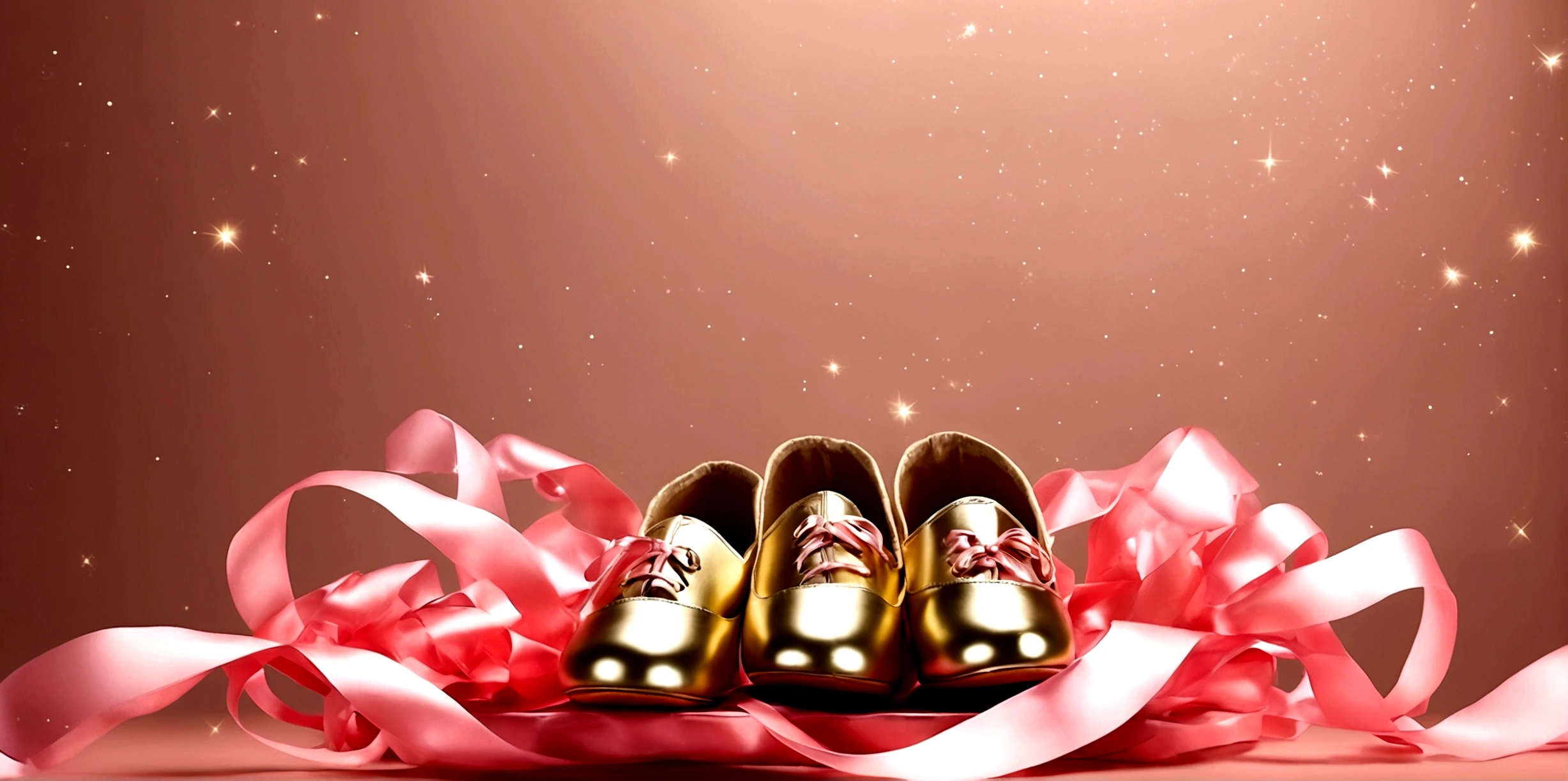 Banner graph;poster;There is a pair of small ballet shoes in the corner of the picture,Wrapped in a pink ribbon;Ribbons fill the screen;dream,mystery;Big scene;Golden pink hue。Low saturation;Background pure,Simplicity。Large blank space in the center。Flat background;