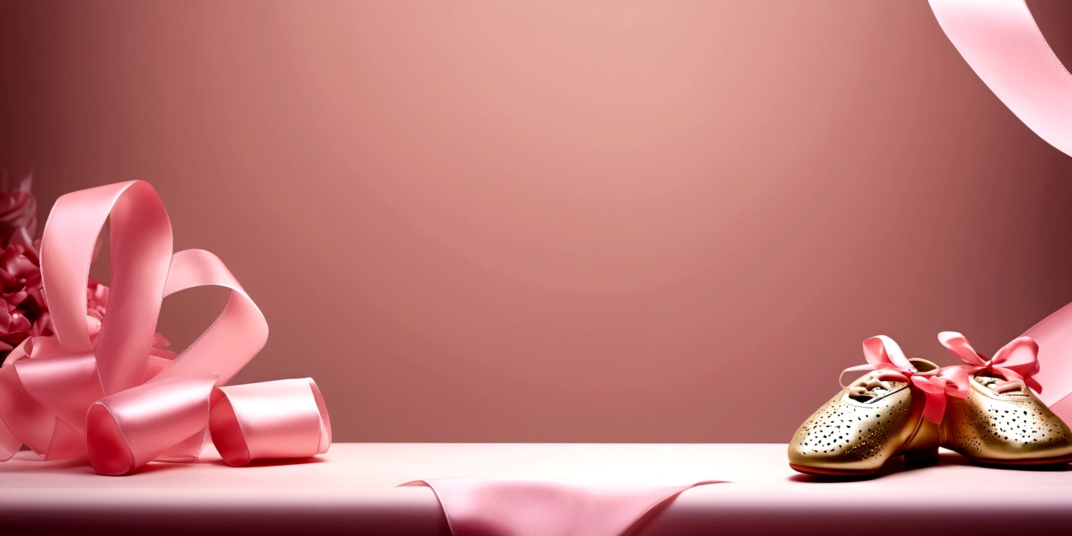 Banner graph;poster;There is a pair of small ballet shoes in the corner of the picture,Wrapped in a pink ribbon;Ribbons fill the screen;dream,mystery;Big scene;Golden pink hue。Low saturation;Background pure,Simplicity。Large blank space in the center。Flat background;
