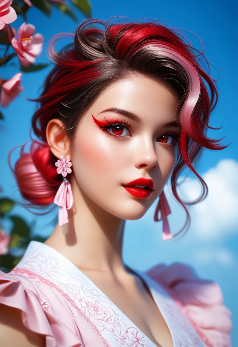 (realista detailded),(rosto detailded, olhos detailded, corpo detailded), (ultra high resolution:1.0), detailded illustration, 8K, アニメ, 1 girl, linda garota de アニメ, in a sari, wearing a pink sari, handsome pose, Face pretty, detailded face, gorgeous eyes, dark red eyes, detailded eyes, Red lips, Red lipstick, Lightly brown hair, pink flower in the ear, highlights in hair, standing, Red flowers on a tree on the back, open sky with clouds, detailded, intricate, estilo アニメ, highly detailded