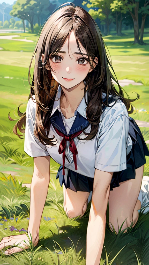 (masterpiece:1.2, top-quality, ultra high res, ultra detailed), (realistic, photorealistic:1.4), beautiful illustration, (natural side lighting, movie lighting), 
looking at viewer, (face focus, upper body), 1 girl, japanese, high school dirl, perfect face, (perfect anatomy), cute and symmetrical face, baby face, shiny skin, slender
(long hair:1.5, straight hair:1.2, sark brown hair), parted bangs, grey eyes, long eye lasher, (medium breasts), 
beautiful hair, beautiful face, beautiful detailed eyes, beautiful clavicle, beautiful body, beautiful chest, beautiful thigh, beautiful legs, 
((detailed cloth texture, short sleeve white collared shirts, navy blue pleated mini skirt, red neck ribbon), , , 
(beautiful scenery),  (lovely smile, upper eyes), 

In a grassy field, a girl is on all fours, and a large dog is clinging to her back from behind, holding on tightly to her lower body.
Her face was bright red, her mouth was open, and she looked like she was about to cry.
She is wearing a very short skirt.