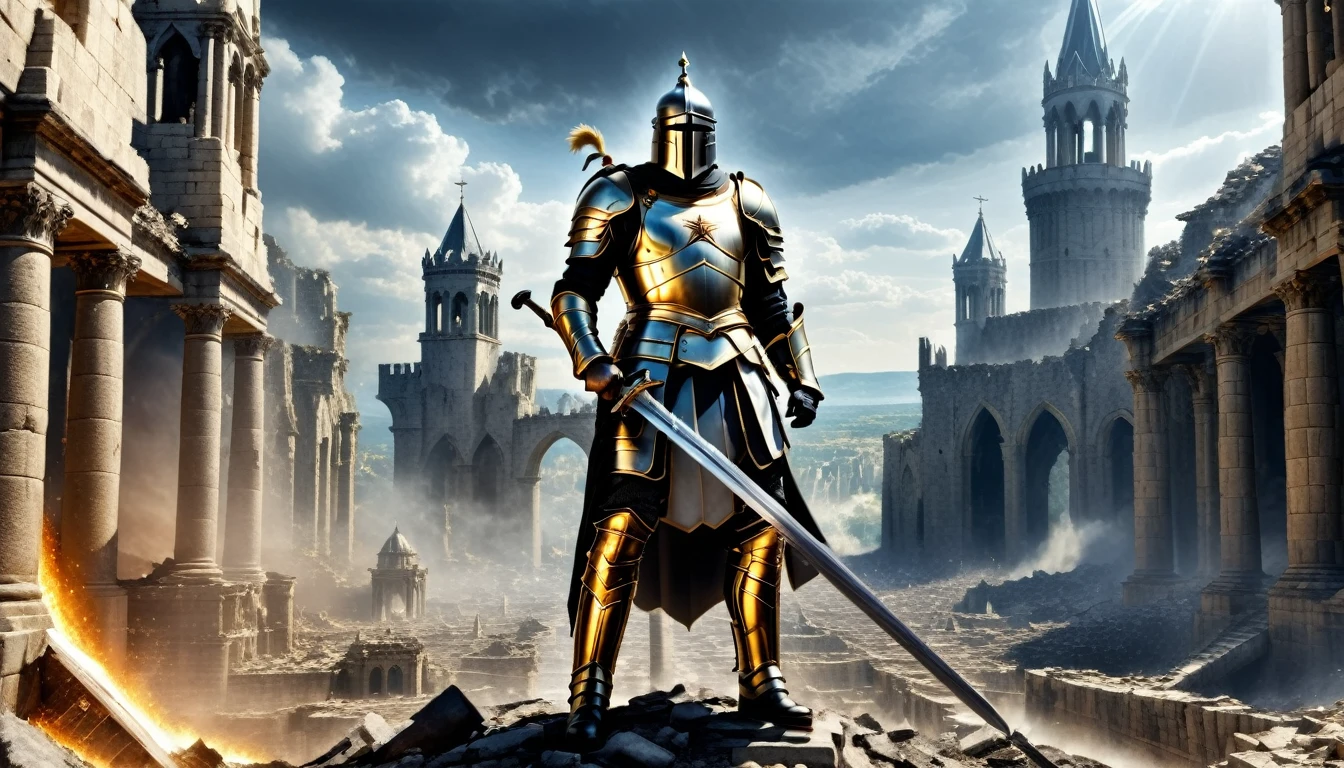 HDR, BEST IMAGE, A SOLDIER OF GOD, TEMPLAR KNIGHT, WITH DRAWN SWORD, WITH COVER, FROM THE HEAVENS, BEFORE A DESTROYED CITY, WHITE IVORY TOWERS WITH GOLD, DESTROYED FALLS, COLOR IMAGE, RUINS ON THE GROUND, FIRE