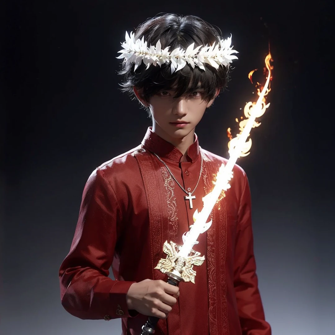 Handsome boy, black hair, brown eyes, glowing white laurel wreath on his head, wearing red barong tagalog, silver cross necklace, holding a white glowing fiery sword