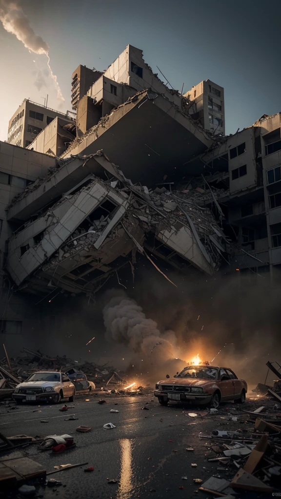 "Create an image that conveys a sense of suspense and imminent danger, showing a devastating earthquake in a city. The scene must include tall buildings shaking and cracking, with pieces of rubble falling to the ground. Use a dark and intense color palette, like shades of gray, black and brown, with touches of red and orange to highlight the chaos and destruction. Add elements like abandoned cars, people running in panic, and cracks in the asphalt, to increase feelings of desperation and urgency. The composition must be detailed and dynamic, with abstract patterns in the cracks and light reflections to intensify the sensation of movement and instability. The image should evoke a feeling of fear and suspense, capturing the destructive force of nature and the imminent danger of an earthquake through a unique and impactful visual style."