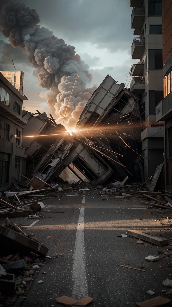 "Create an image that conveys a sense of suspense and imminent danger, showing a devastating earthquake in a city. The scene must include tall buildings shaking and cracking, with pieces of rubble falling to the ground. Use a dark and intense color palette, like shades of gray, black and brown, with touches of red and orange to highlight the chaos and destruction. Add elements like abandoned cars, people running in panic, and cracks in the asphalt, to increase feelings of desperation and urgency. The composition must be detailed and dynamic, with abstract patterns in the cracks and light reflections to intensify the sensation of movement and instability. The image should evoke a feeling of fear and suspense, capturing the destructive force of nature and the imminent danger of an earthquake through a unique and impactful visual style."