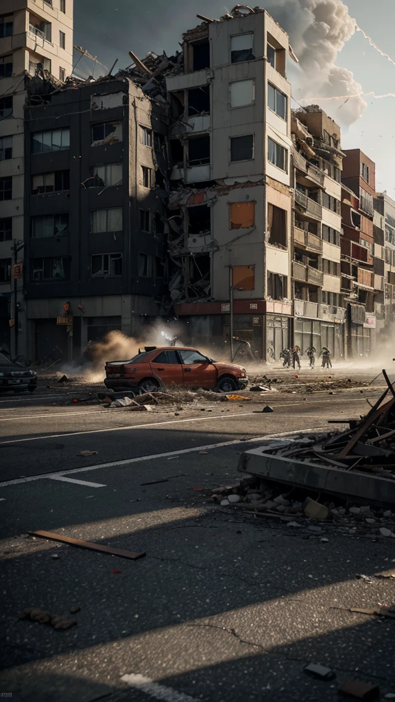 "Create an image that conveys a sense of suspense and imminent danger, showing a devastating earthquake in a city. The scene must include tall buildings shaking and cracking, with pieces of rubble falling to the ground. Use a dark and intense color palette, like shades of gray, black and brown, with touches of red and orange to highlight the chaos and destruction. Add elements like abandoned cars, people running in panic, and cracks in the asphalt, to increase feelings of desperation and urgency. The composition must be detailed and dynamic, with abstract patterns in the cracks and light reflections to intensify the sensation of movement and instability. The image should evoke a feeling of fear and suspense, capturing the destructive force of nature and the imminent danger of an earthquake through a unique and impactful visual style."