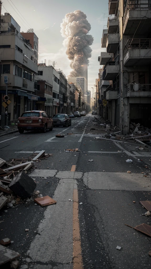 "Create an image that conveys a sense of suspense and imminent danger, showing a devastating earthquake in a city. The scene must include tall buildings shaking and cracking, with pieces of rubble falling to the ground. Use a dark and intense color palette, like shades of gray, black and brown, with touches of red and orange to highlight the chaos and destruction. Add elements like abandoned cars, people running in panic, and cracks in the asphalt, to increase feelings of desperation and urgency. The composition must be detailed and dynamic, with abstract patterns in the cracks and light reflections to intensify the sensation of movement and instability. The image should evoke a feeling of fear and suspense, capturing the destructive force of nature and the imminent danger of an earthquake through a unique and impactful visual style."