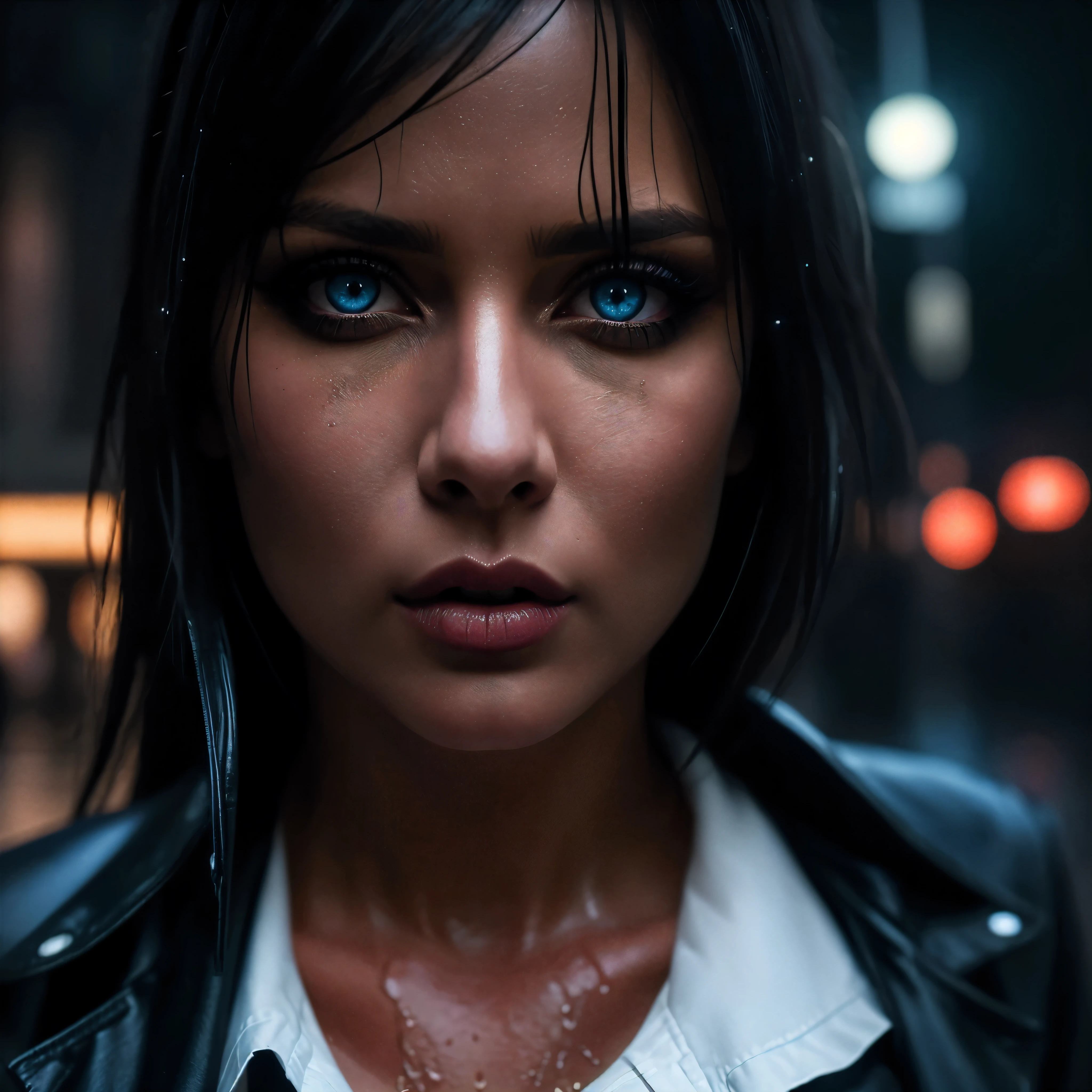 ((full body)), (((posing, sexy pose, alluring pose 1.1))), (Best Quality,High Definition:1.2),Ultra detailed,realistic,Portrait, beautiful girl with gorgeous glowing blue eyes, gothic makeup, ( (big breasts)), big tits, ((covered nipples)), no underwear, revealing clothes, ((white button-down shirt)), (((black miniskirt))), ((luscious thighs)), in the rain, ((wet clothes)), street at night. (Best Quality, 4k,8k, High Definition, Masterpiece: 1.2), Ultra Detail, (Realistic, Photorealistic, Photorealistic: 1.37), Dramatic Lighting, Cinematic Lighting, Moody Atmosphere, Dark and Gritty, Dramatic Contrast, Rich Colors, Neon Lights, rain effects. (Perfect details:1.1), (beautiful and clear background:1.2), (Extremely detailed CG, Ultra detailed, best shadow:1.1), (perfectly detailed beautiful eyes), , close-up, cinematic lighting, vibrant colors, photorealistic, concept art style, high quality, 8K, HDR, physical rendering, extreme detail, blur, depth of field, blurred foreground,