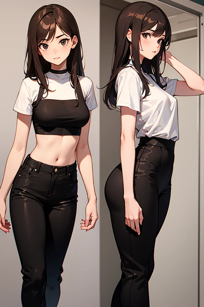A 15 year old girl, Brown hair, black eyes, wear a long top and black pants.