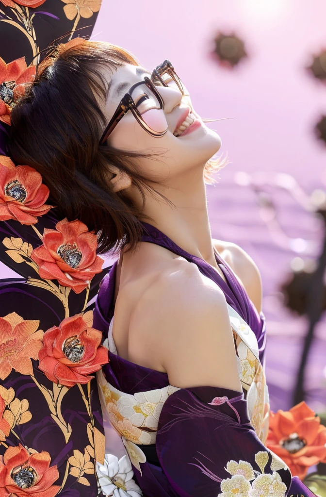 Girl with small eyes in the shade of glasses，Laugh happily，The back is surrounded by many flowers, looking up ,delicate and sexy(clavicle:1.3), (Shiny skin:0.8),(masutepiece:1.4),(Best Quality:1.4),glossy red lips,High detailed skin, Skin pores,(Katsushika Hokusai-style light background:1.5)