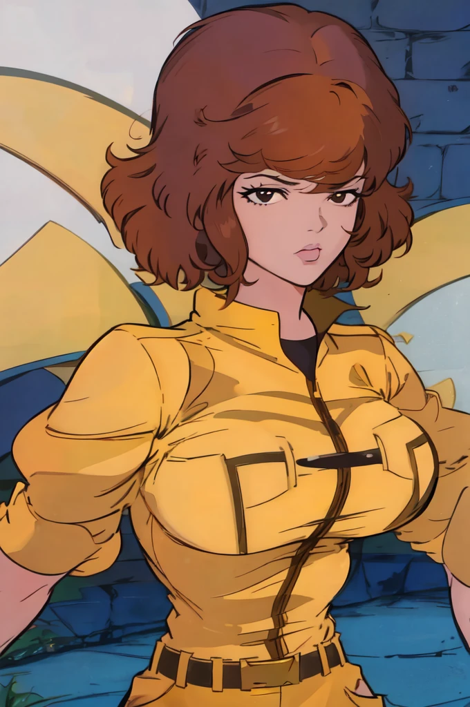 absurdres, april o'neil, 1girl, short brown hair, black eyes, upper body, yellow jumpsuit, sleeves rolled up, white belt