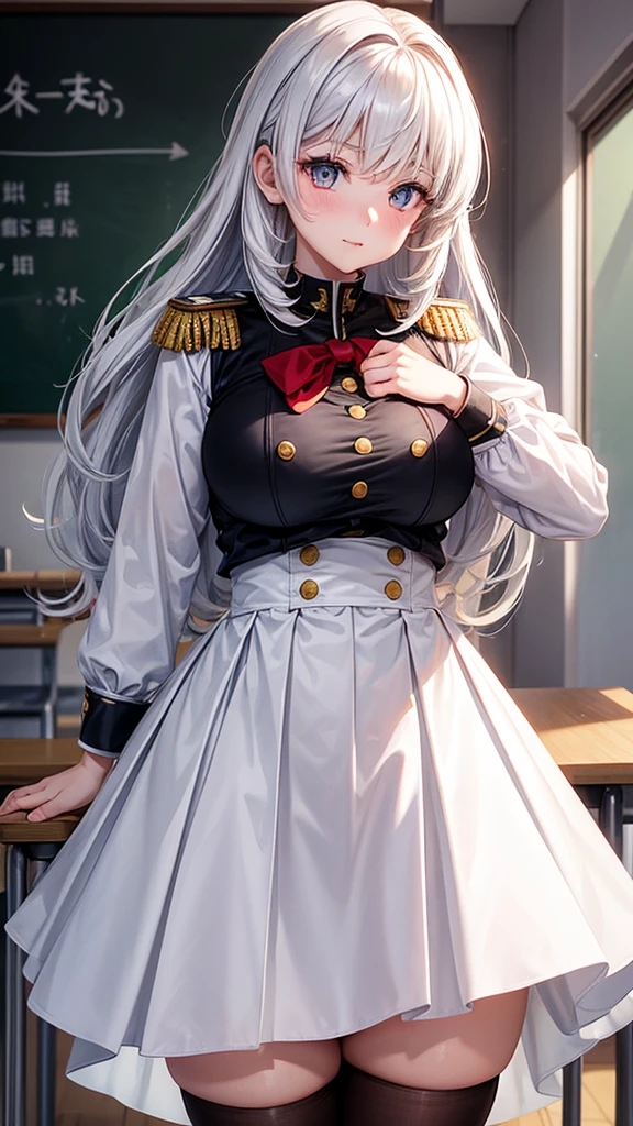 Female, height: 135 cm, weight: 50 KG, hip circumference: 80, waist circumference: 54, bust circumference: 73, face: oval face, hair color: white, eye color: red, clothing: white JK short skirt uniform, scene: classroom.