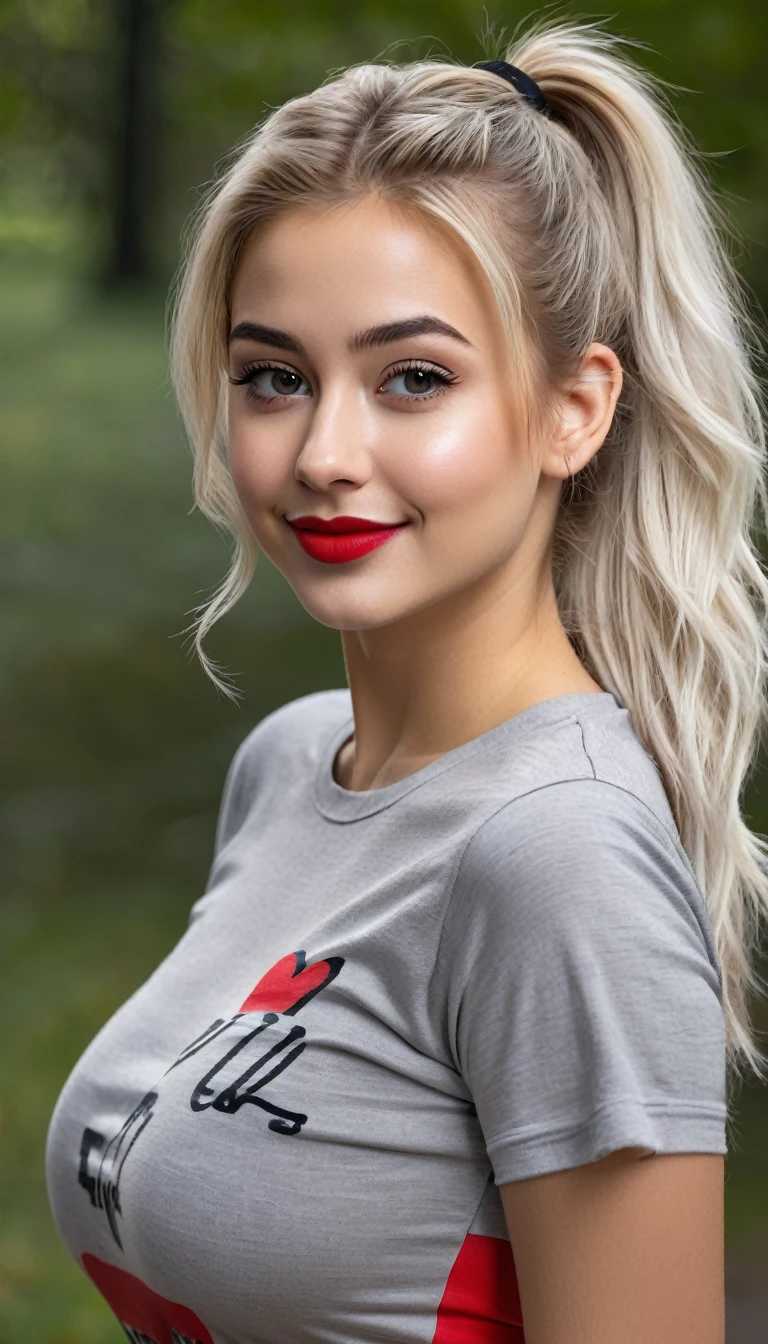 ultrarealistic high quality fullbody photo of a beautiful busty slim european 19-year-old mwoman with cute hyperdetailed shy face and dyed platin blonde long messy ponytail hair and happy face, realistic round hazel eyes, red lips, dark eye makeup with eyeliner, wearing grey t-shirt and white spandex short leggins, hourglass body, outdoor shooting in central park