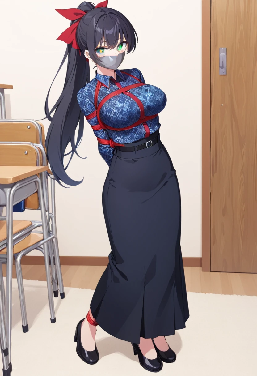 score_9, score_8_up, source_anime, 1girl, solo, long hair,black hair, hair ribbon, green eyes,high-waist skirt, The uniform features a vibrant, blue batik patterned shirt with long sleeves. A simple black belt cinches the waist.,long skirt, blue  skirt,, long sleeves, , standing, indoors, classroom,school, shoes, (bound wirsts), (arms behind back), (tapegag, tape gag), dramatic,  (looking at viewer), (detailed pupils:1.3),pencil skirt ,red rope, thick rope,normal breast,ponytail hair