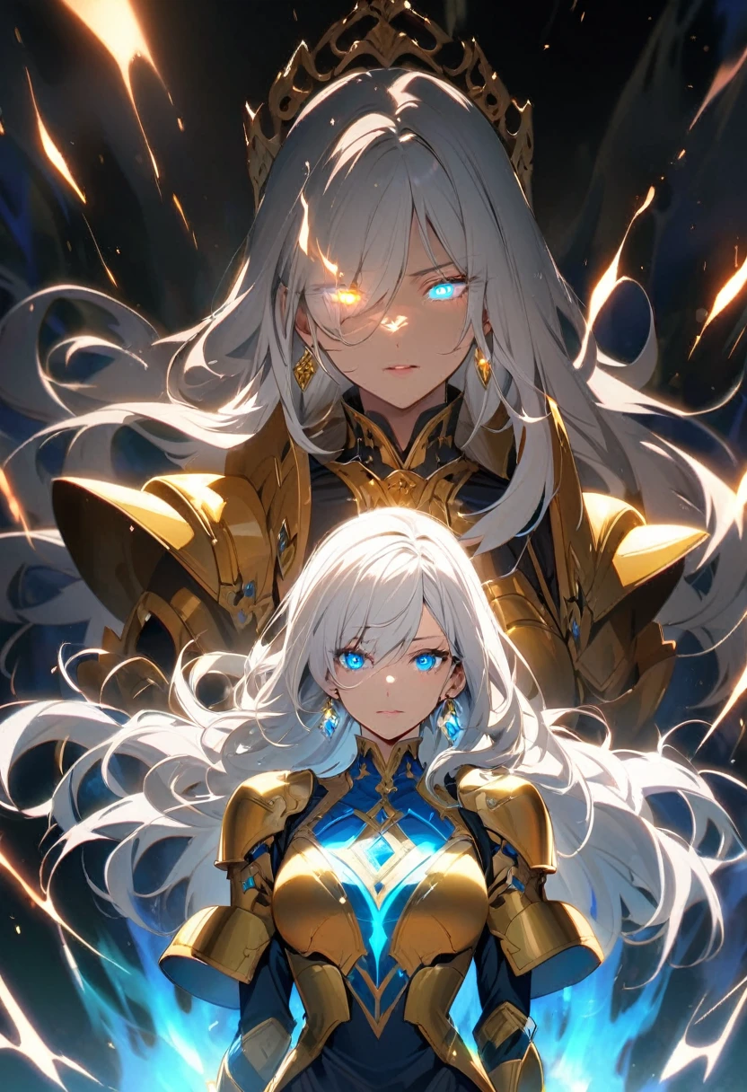 woman, blue eyes, long hair, white hair, mature, god eyes, diamond earings, gentle, golden armor, glowing eyes, god, light, aura