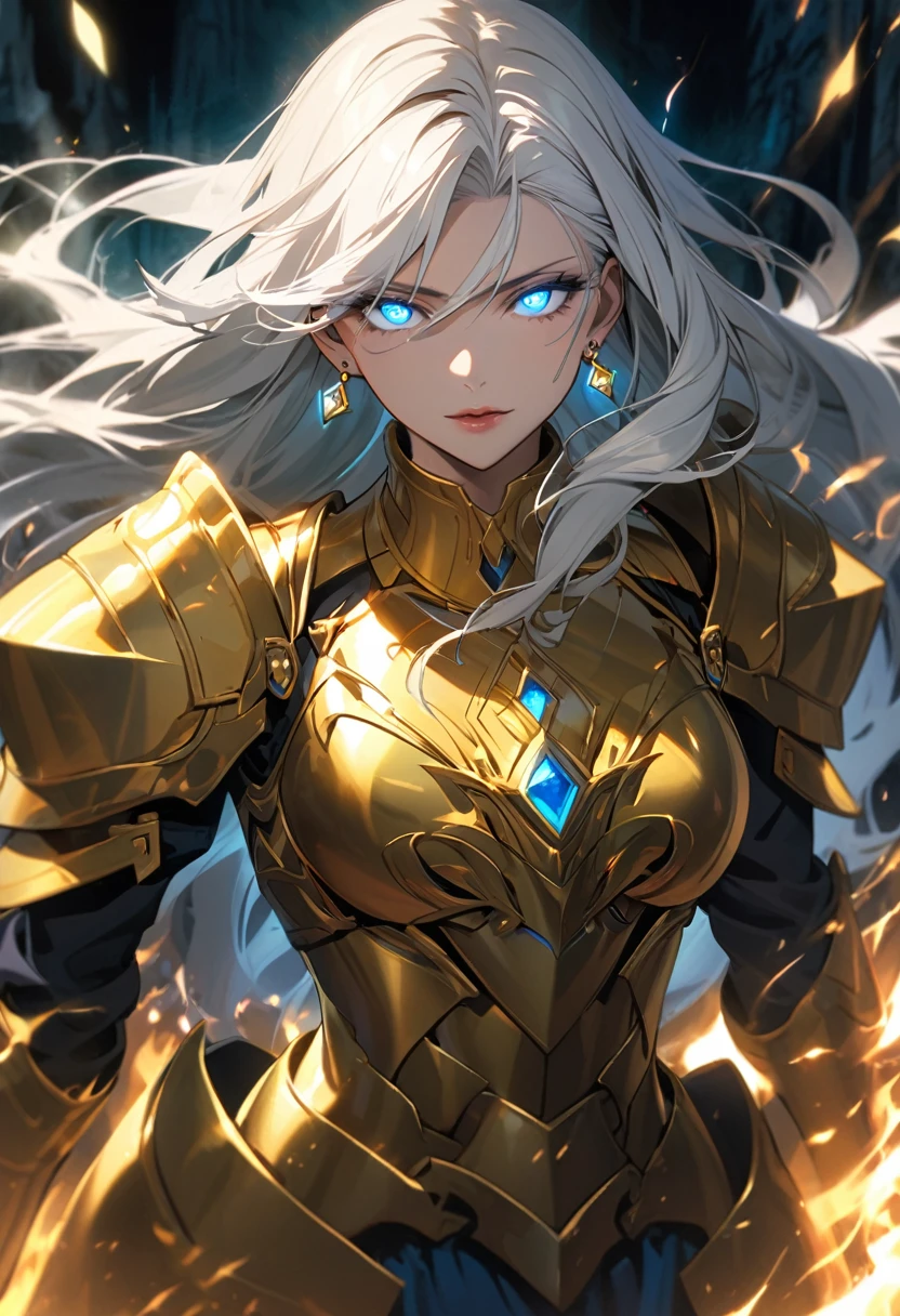 woman, blue eyes, long hair, white hair, mature, god eyes, diamond earings, gentle, golden armor, glowing eyes, god, light, aura