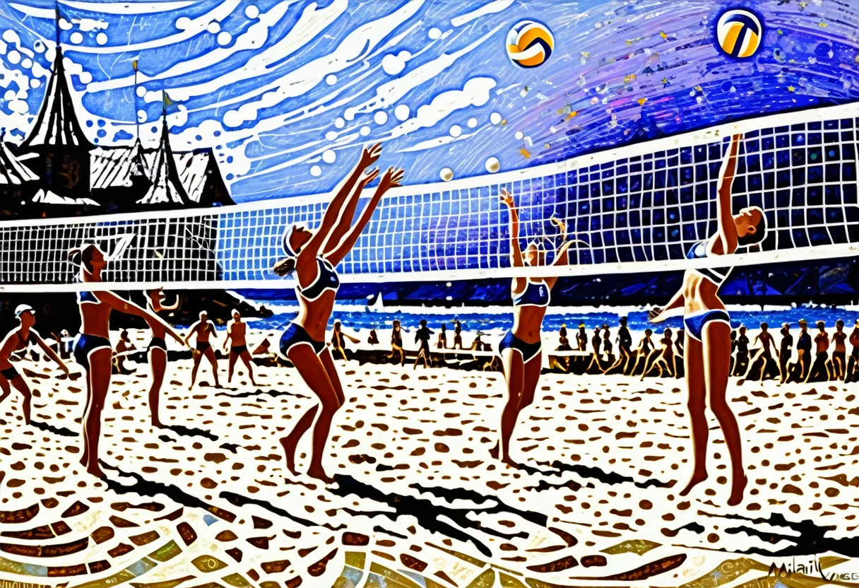 Beach volleyball ((Mikhail Vrubel style)), magic naive art, primitivism, protogen, 
, ((best quality, Masterpiece)), ((Highest detail)), RAW:1,1, 8k