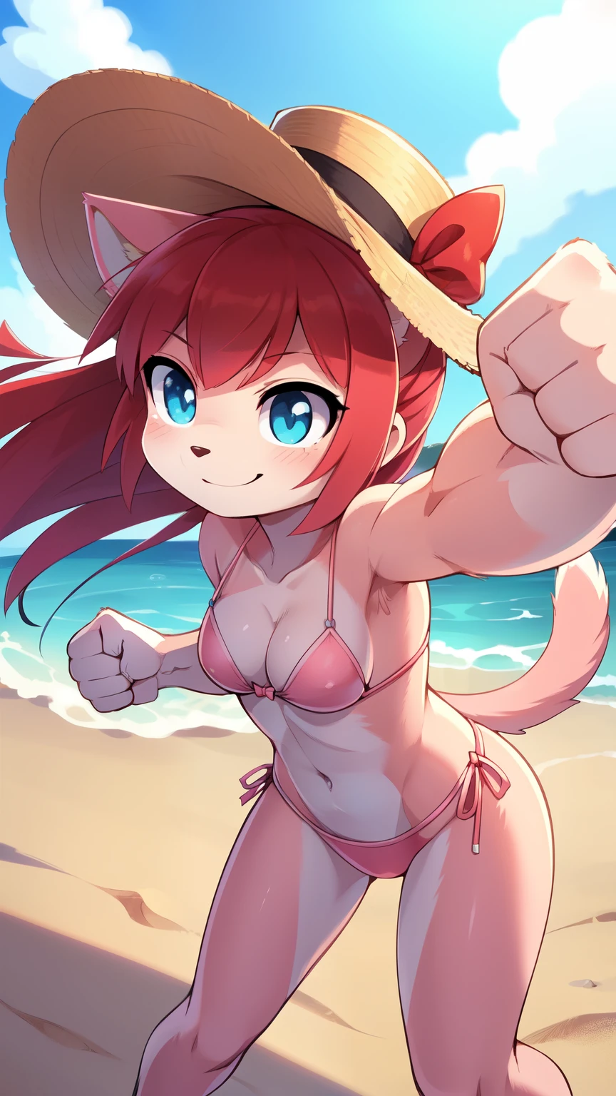 score_9,score_8_up,score_7_up, source_cartoon, source_furry, furry girl, cat, red hair, Knight bangs hairstyle, long ponytail, anime style, medium breasts, blue eyes, ((bright pink bikini Bandeau with bow in the center, side bows at the bottom, wide-brimmed hat)), high quality, detailed body, detailed eyes, detailed face, masterpiece, glistening body, detailed body fur, best quality, two tone body, pink fur, clear pink fur, perfect lighting, perfect shadows, perfect eyes, perfect hair, perfect face, gorgeous body, skinny, standing, solo, :3, smilling, standing, beach, clear sky, glowing blue eyes, outdoors, from above, fight, dynamic action shot, speed lines, motion blur, fighter pose, feet with three toes, ((punch act, fist, fist focus, punch)), detailed fist, detailed punch,