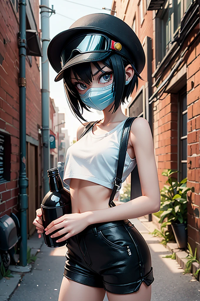 girl similar to gorillaz noodle, black short hair  ((drawing)), ((anime girl nose)), A very thin girl, with extremely pale skin, wearing a white Bucket Hat and a black gas mask covering her entire face with reflective lenses. She is dressed in a white collarless crop top, black shorts, and brown boots. She stands next to a vintage green Vespa motorcycle, holding an empty bottle. The setting is an urban alley, decorated with vibrant street art and graffiti on the brick walls. The alley is dimly lit, casting dramatic shadows and enhancing the dystopian atmosphere. The scene conveys a sense of rebellion and urban exploration, with subtle light reflections and detailed textures throughout.