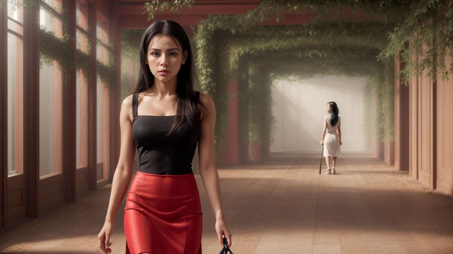 nfsw, 8k, masterpiece, RAW photo, best quality, photorealistic, extremely detailed CG unity 8k wallpaper, Depth of field, Cinematic Light, Lens Flare, Ray tracing, (extremely beautiful face, beautiful lips, beautiful eyes), intricate detail face, ((ultra detailed skin)), ((1girl:1.9)), ((walking alone:1.9)), ((17years old)), (beautiful and aesthetic:1.2), deep shadow, (sharp focus), [((Nonie-Elizabeth-Dilla:1.9))], pretty girl, (very slim slender fit-muscled body:1.9), (((formal-style fashion:1.9))) (((ultra-short ((red:1.5)) skirt))), (((minimalist indoor background:1.9))), (shiny skin), clear eyes, (pale skin), soft lighting, (flowing dark-black hair:1.9), (looking at viewer:1.8), ((beautiful legs:1.2)), cleavage breasts, (large breasts:1.4), highly detailed, ultra realistic, extremely detailed and realistic ((red:1.5)) clothes.