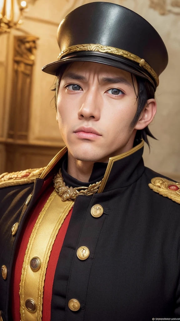 Uzumaki Naruto, dress in napoleonic military uniform, wear napoleonic hat, battlefield background, spanish flag, eugene delacroix style painting, (best quality,4k,8k,highres,masterpiece:1.2),ultra-detailed,(realistic,photorealistic,photo-realistic:1.37),highly detailed portrait, dramatic lighting, vibrant colors, cinematic composition