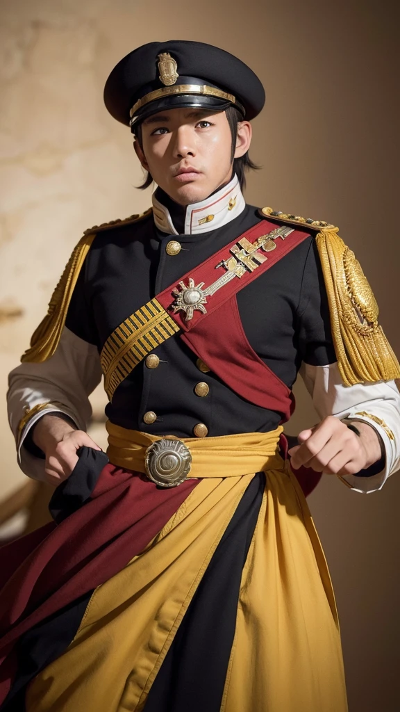 Uzumaki Naruto, dress in napoleonic military uniform, wear napoleonic hat, battlefield background, spanish flag, eugene delacroix style painting, (best quality,4k,8k,highres,masterpiece:1.2),ultra-detailed,(realistic,photorealistic,photo-realistic:1.37),highly detailed portrait, dramatic lighting, vibrant colors, cinematic composition