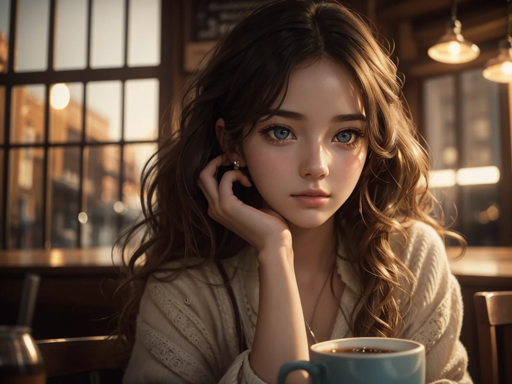 A girl in a coffee shop, listening to music, cozy lofi atmosphere, beautiful detailed eyes, beautiful detailed lips, extremely detailed face and features, porcelain skin, wavy hair, intricate details, warm lighting, cinematic composition, soft focus, film grain, photorealistic, highly detailed, masterpiece